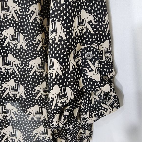 Pixley Womens Top Blouse Size Small Elephant Print 3/4 Roll Tab Sleeve Black Tan - Picture 6 of 10